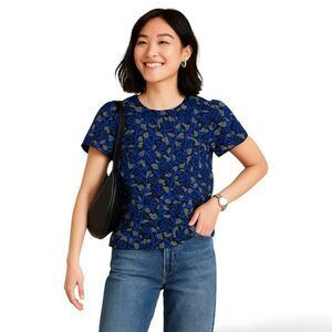 AQUA Floral Print Structured Tulip-Sleeve Blouse